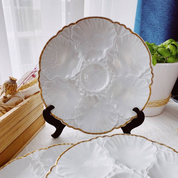 Gold trim Oyster Plates White Oyster Plates Vintage 8" Cerebral Porcelaine De Baudour Cerabel Oyster Plate 6 Shell Shaped Wells with Lemon