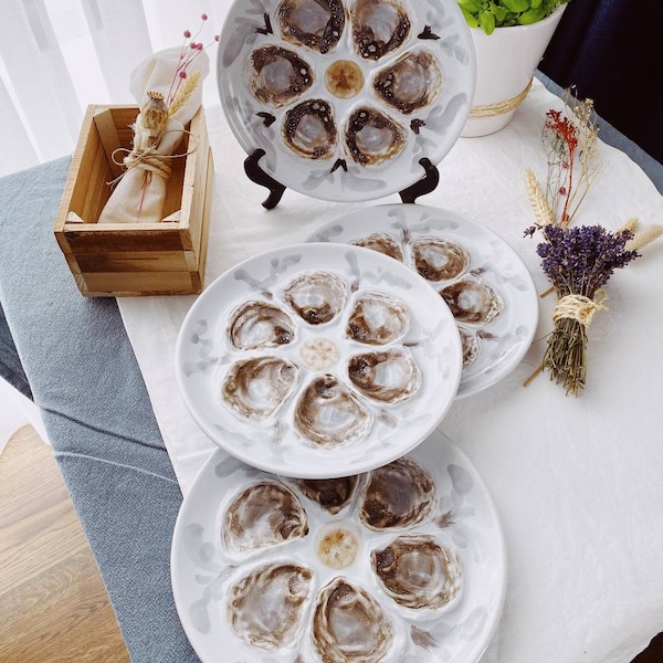 Assiette à huîtres française vintage, plateau d'huîtres en majolique, assiettes à huîtres Saint Amand, plateau d'huîtres en majolique