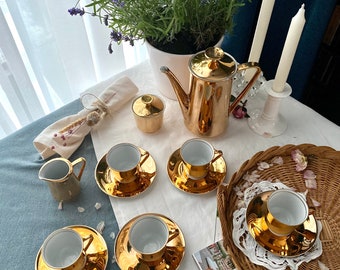 Vintage tea and coffee tableware set for 5 people, Bavaria gold tea/coffee set,  Porcelain tea or coffee set 40-50s