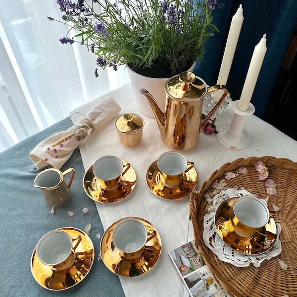 Vintage tea and coffee tableware set for 5 people, Bavaria gold tea/coffee set,  Porcelain tea or coffee set 40-50s