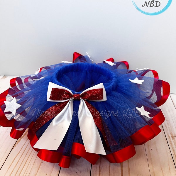 Patriotic Red White and Blue Ribbon Trimmed Tutu, Fourth of July Outfit, Single Red Ribbon Trim Tutu with Stars, Dance Skirt