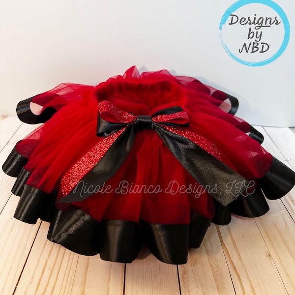 Red and Black Ribbon Trimmed Tutu, Lady Bug Tutu, Birthday Outfit for Baby Toddler and Girls