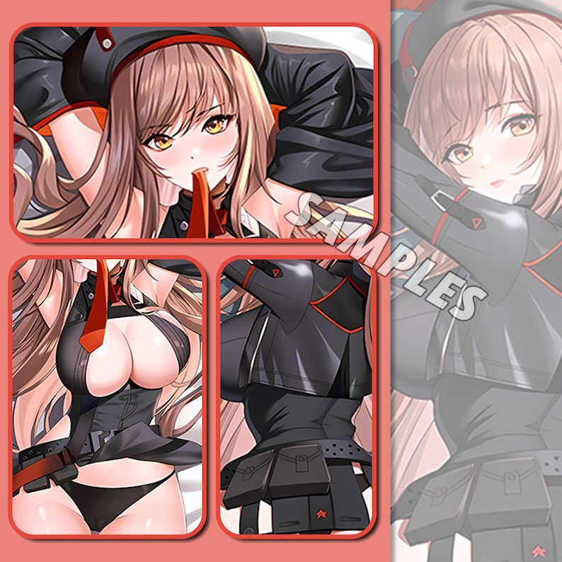 May include: A woman with long brown hair wearing a black and red outfit with a red tie. She is wearing a black hat with a red band. The image is split into four sections, showing different parts of the outfit.