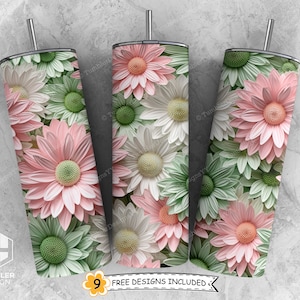 3D Tumbler Design, Green Pink White Daisies 20oz Skinny Tumbler Sublimation Design, Straight 3D Tumbler Wrap PNG, Instant Digital Download
