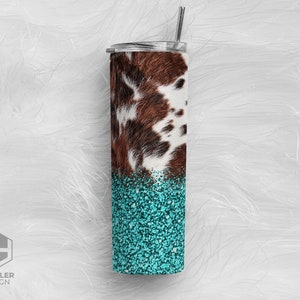 May include: A stainless steel tumbler with a cowhide pattern and turquoise glitter bottom. The tumbler has a silver lid and a silver straw. The words "Tumbler Design" are printed on the bottom left.
