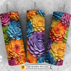 3D Tumbler Design, Colorful Rainbow Peonies 20oz Skinny Tumbler Sublimation Design, Straight 3D Tumbler Wrap PNG, Instant Digital Download