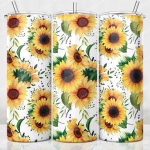 Watercolor Sunflower Tumbler PNG, White Background 20oz Skinny Tumbler Sublimation, Floral Tumbler Wrap Design, Digital Download File