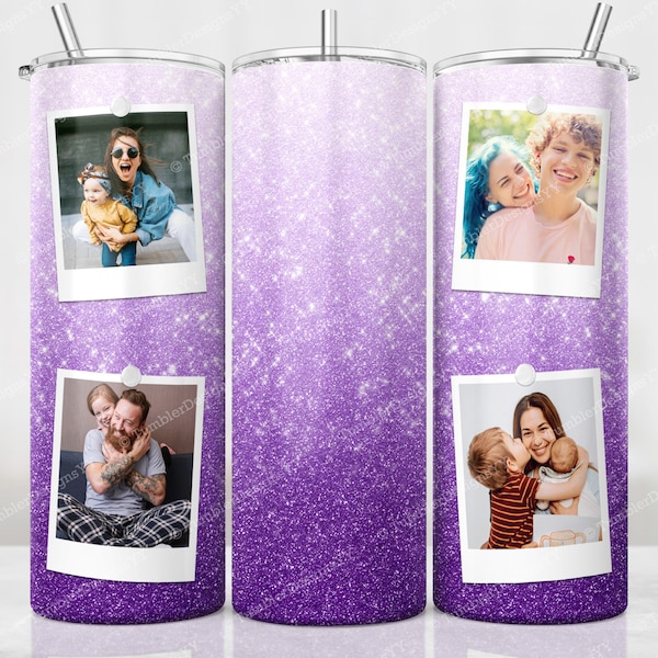 Purple Glitter Ombre Photo Frame Tumbler PNG, 20 oz Skinny Ombre Tumbler Wrap, Personalized Sublimation Design, Pictures Tumbler PNG