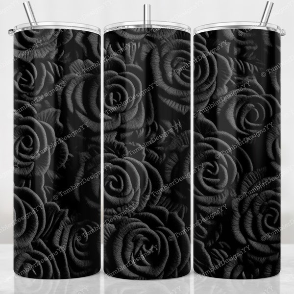 Black Roses Tumbler Sublimation Design, 20 oz Skinny Straight Tumbler PNG, Instant Digital Download, 3D Embroidery Tumbler Wrap