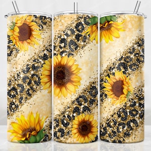 Sunflowers Leopard Glitter Gold Tumbler PNG, Cheetah Sublimation Tumbler Designs, 20oz Skinny Tumbler Wrap, Cheetah and Sunflower PNG Files