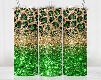 Green Leopard Tumbler PNG, Gold and Green Glitter Sublimation Designs, 20 oz Skinny Tumbler, Seamless Glitter Tumbler PNG, Digital Download