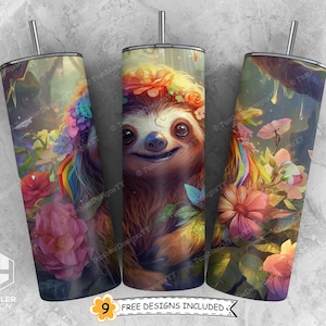 Cute Sloth Tumbler Sublimation Design, 20 oz Skinny Tumbler PNG, Floral Sloth Tumbler Wrap, Vibrant Colors, Digital Download
