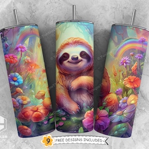 Cute Sloth Tumbler Sublimation Design, 20 oz Skinny Tumbler PNG, Floral Sloth Tumbler Wrap, Vibrant Colors, Digital Download