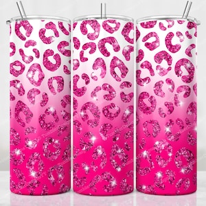 Hot Pink Snow Globe Tumbler PNG, 20 oz Skinny Tumbler, Pink to White Ombre Glitter Tumbler Wrap, Glitter Leopard Sublimation Design Peekaboo