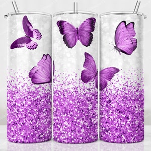 Purple Butterfly Glitter Tumbler PNG, Purple Glitter Sublimation Design, 20 oz Skinny Tumbler, Purple Glitter Tumbler Wrap, Digital Download
