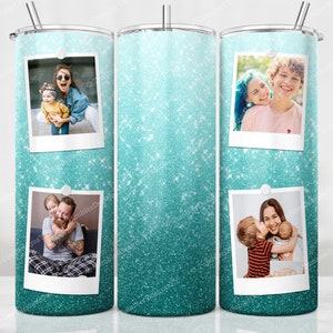 Teal Glitter Ombre Photo Frame Tumbler PNG, 20 oz Skinny Ombre Tumbler Wrap, Personalized Sublimation Design, Pictures Tumbler PNG File