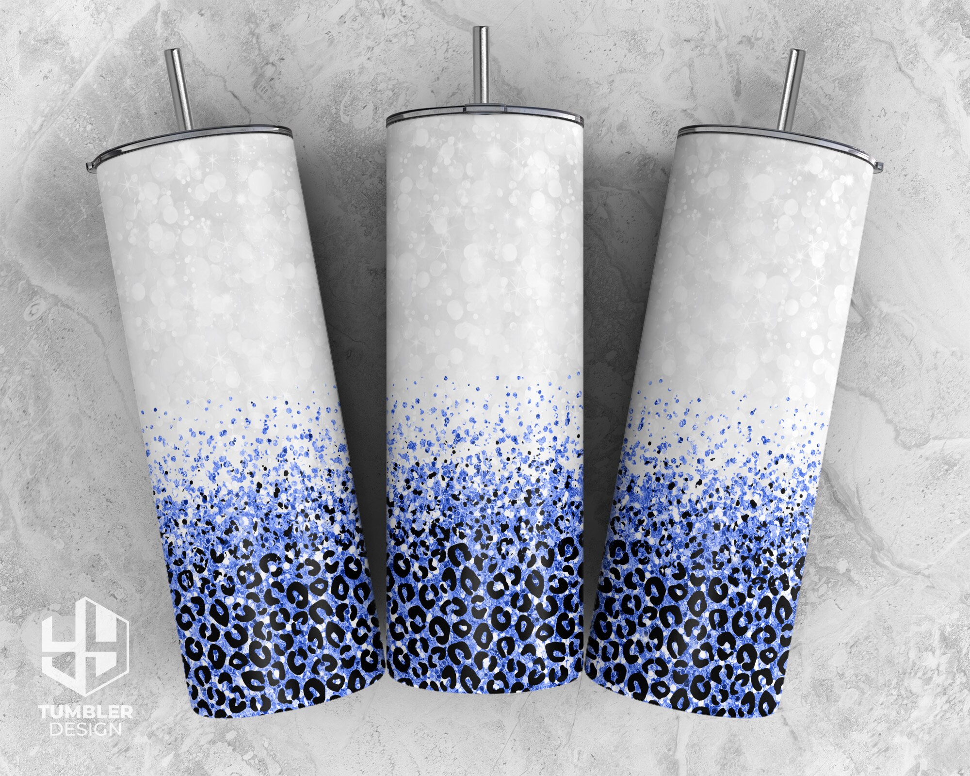 20 Oz Skinny Tumbler Png, Blue Glitter Leopard Seamless Tumbler Design ...
