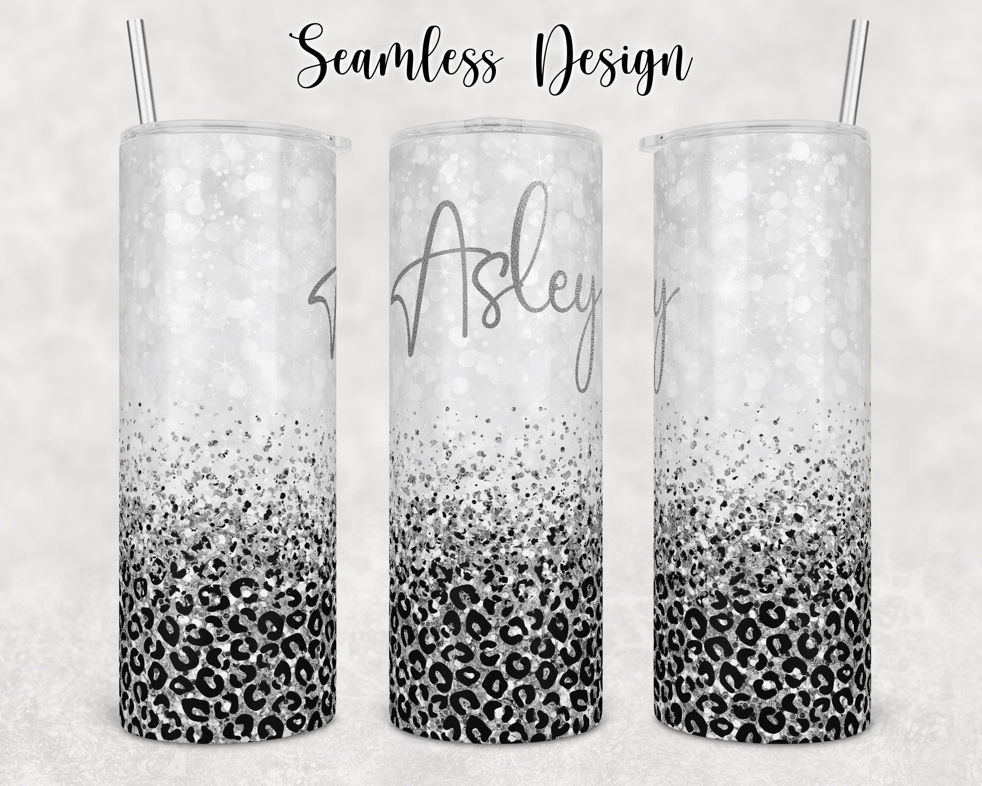 20 Oz Skinny Tumbler Png, Silver Glitter Leopard Seamless Tumbler ...