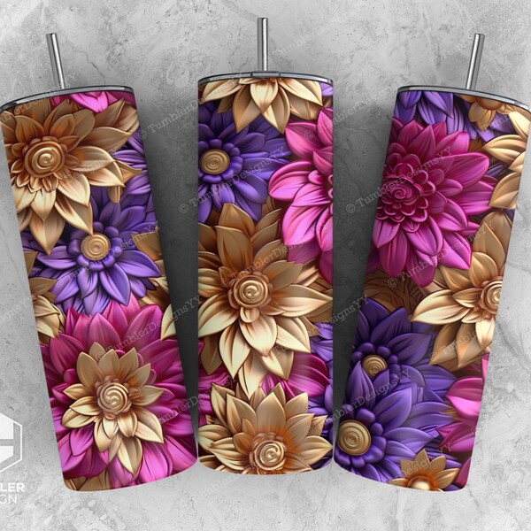 3D Pink Purple Gold Flowers Tumbler Sublimation Design, 20 oz Skinny Straight 3D Tumbler Wrap, Floral Tumbler PNG, Instant Digital Download