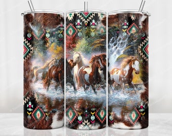 Cowhide Aztec Horse Tumbler PNG, Watercolor Running Horses Sublimation, 20 oz Skinny Tumbler, Horse Lover Tumbler Wrap, Digital Download