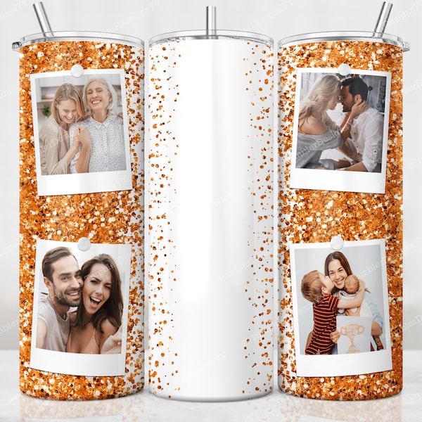 20 oz Orange Glitter Photo Frame Tumbler PNG, Skinny Tumbler Wrap, Add your text own Sublimation Design, 4 Pictures Collage Tumbler PNG File