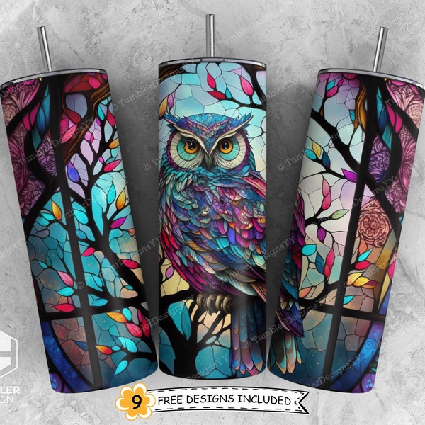 Stained Glass Owl Tumbler Sublimation Design, 20 oz Skinny Tumbler PNG, Animal Tumbler Wrap, Vibrant Colors, Digital Download File