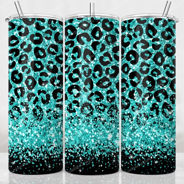 Teal Glitter Leopard Tumbler Wrap, Glitter Black Leopard Sublimation Design, 20 oz Skinny Tumbler, Digital Download, Sparkle Tumbler PNG