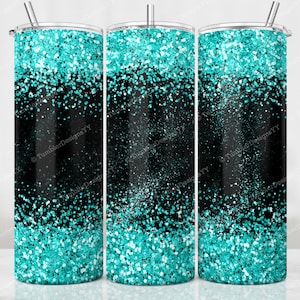 Teal Glitter Tumbler PNG, 20 oz Skinny Tumbler Wrap, Black Turquoise Glitter Border Tumbler Sublimation Design, Digital Download PNG File