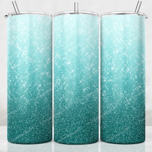 Teal Glitter Tumbler Wrap, Teal Ombre Sublimation Design PNG, 20 oz Skinny Tumbler, White to Teal Glitter Tumbler PNG, Digital Download