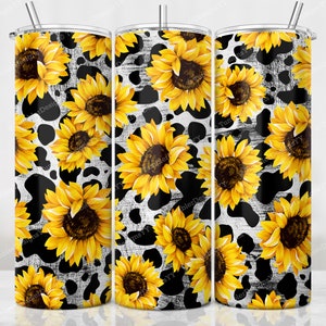 Cow Print Sunflower Tumbler PNG, Cowhide Sublimation Design, 20 oz Skinny Tumbler, Sunflowers Tumbler Wrap, Waterslide PNG, Digital Download