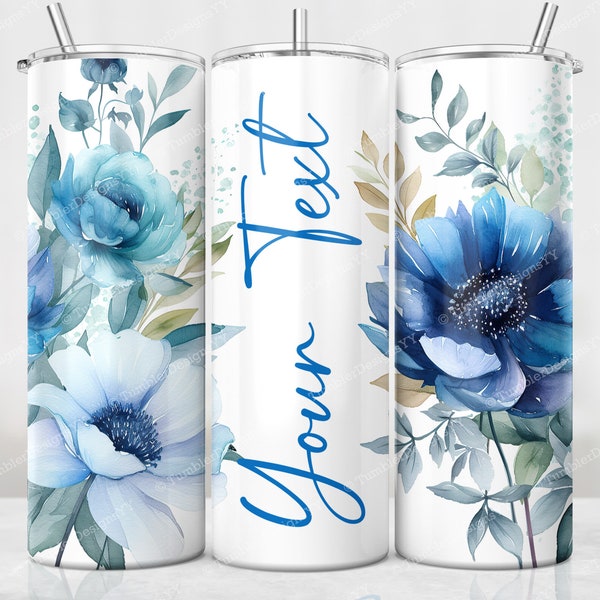 Blue Flowers Tumbler Wrap Add Your Own Text Sublimation Design, 20 oz Skinny Tumbler PNG, Floral Tumbler Wrap, Seamless Digital Download