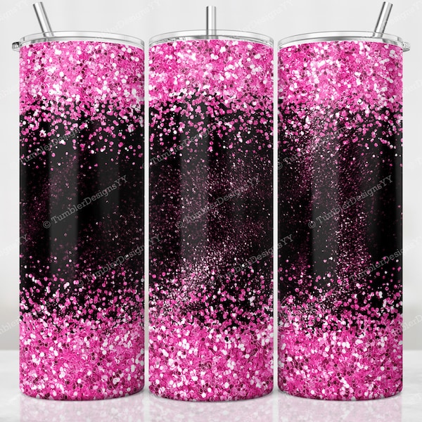 Hot Pink Glitter Tumbler PNG, 20 oz Skinny Tumbler Wrap, Black Hot Pink Glitter Border Tumbler Sublimation Design, Digital Download PNG File