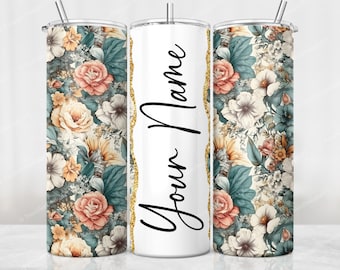 Boho Floral Tumbler Wrap, Add Your Own Name Tumbler Sublimation Design, 20 oz Skinny Tumbler PNG, Seamless Design, Digital Download