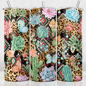 Leopard Succulent Tumbler Wrap, Leopard Aztec Cactus Sublimation Designs, 20 oz Skinny Tumbler, Cactus Tumbler PNG, Digital Download