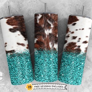 May include: Three stainless steel tumblers with lids and straws. The tumblers feature a design of cowhide, white, and turquoise glitter. The text "15 FREE DESIGNS INCLUDED" is visible on the bottom right.