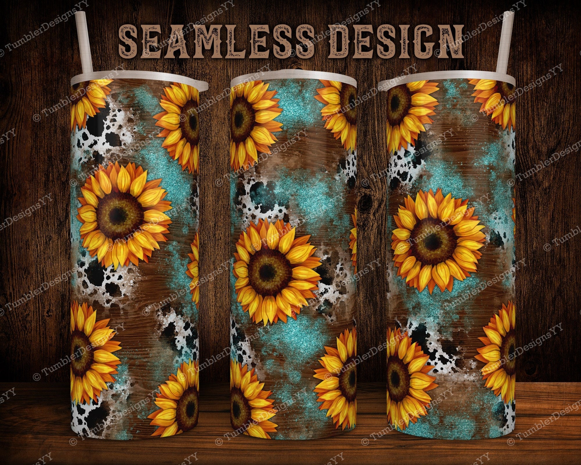 Cowhide Teal Sunflower Tumbler Wrap Southwest Print - Etsy