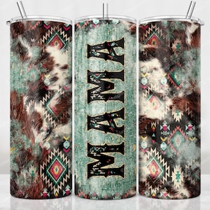 Cowhide Mama Tumbler PNG, Aztec Print Sublimation Design, 20 oz Skinny Tumbler, Rustic Teal Wood Mom Tumbler Wrap, Digital Download File