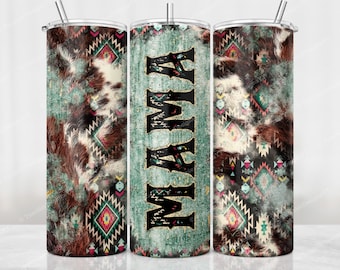 Cowhide Mama Tumbler PNG, Aztec Print Sublimation Design, 20 oz Skinny Tumbler, Rustic Teal Wood Mom Tumbler Wrap, Digital Download File