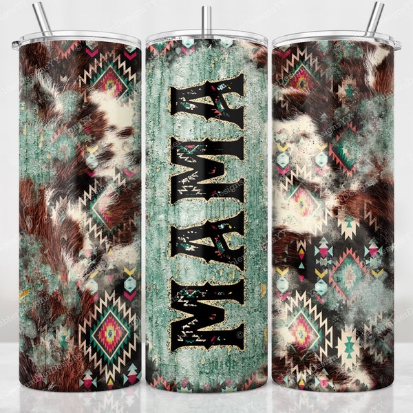 Cowhide Mama Tumbler PNG, Aztec Print Sublimation Design, 20 oz Skinny Tumbler, Rustic Teal Wood Mom Tumbler Wrap, Digital Download File