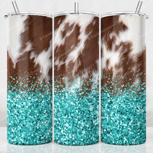Teal Glitter Cowhide Tumbler Wrap, Turquoise tumbler template, 20 oz Seamless Cowhide skinny png, Teal Cowhide Tumbler Sublimation Design
