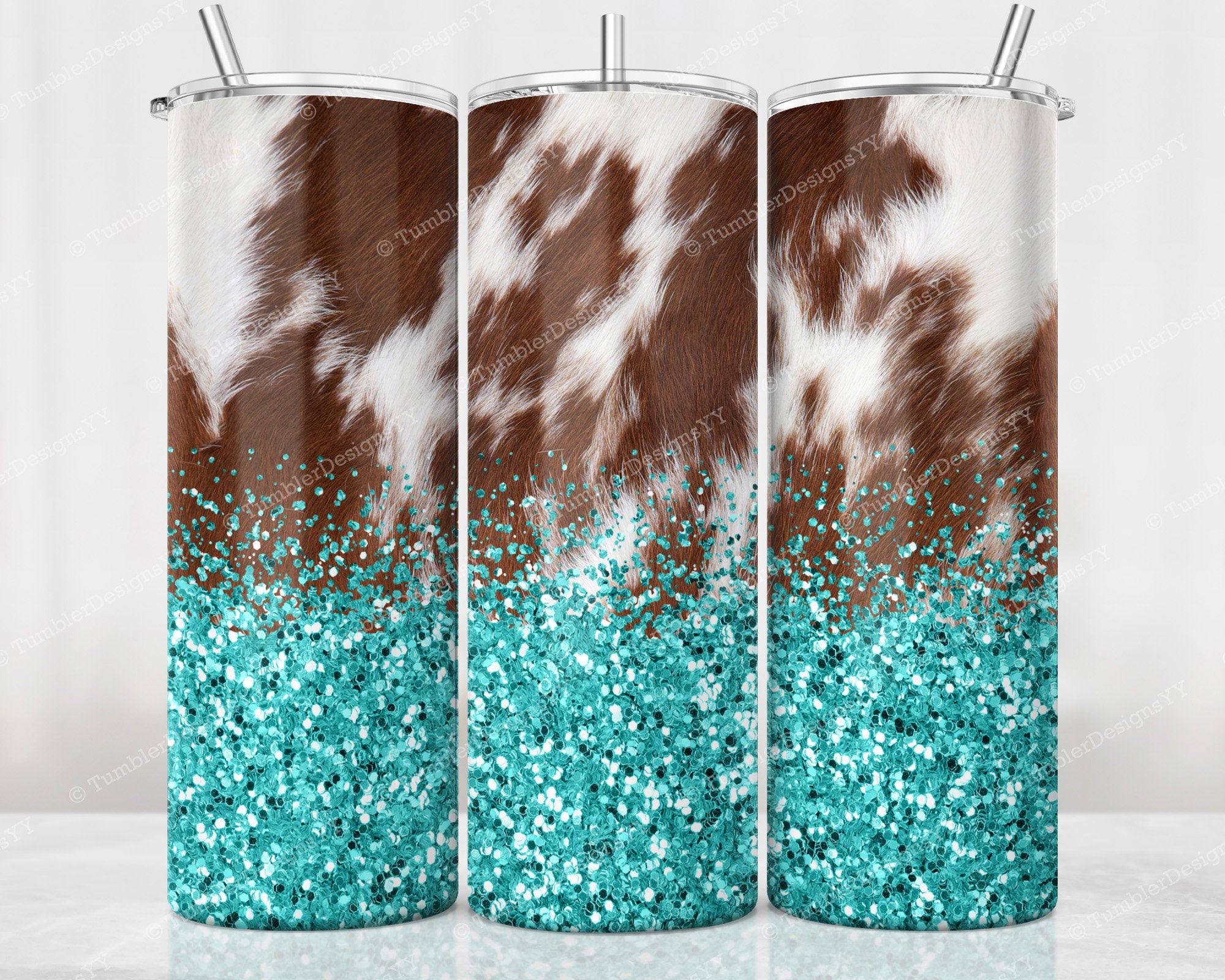 Cow Print Teal and Gold Ombré Custom Stanley Tumbler MADE TO ORDER