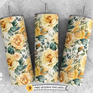 Watercolor Yellow Roses Tumbler Wrap Sublimation Design, 20 oz Skinny Tumbler PNG, Rustic Flowers Tumbler Png, Digital Download File