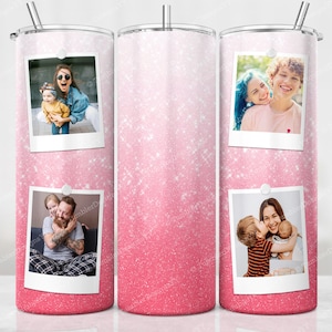 Pink Glitter Ombre Photo Frame Tumbler PNG, 20 oz Skinny Ombre Tumbler Wrap, Personalized Sublimation Design, Pictures Tumbler PNG File