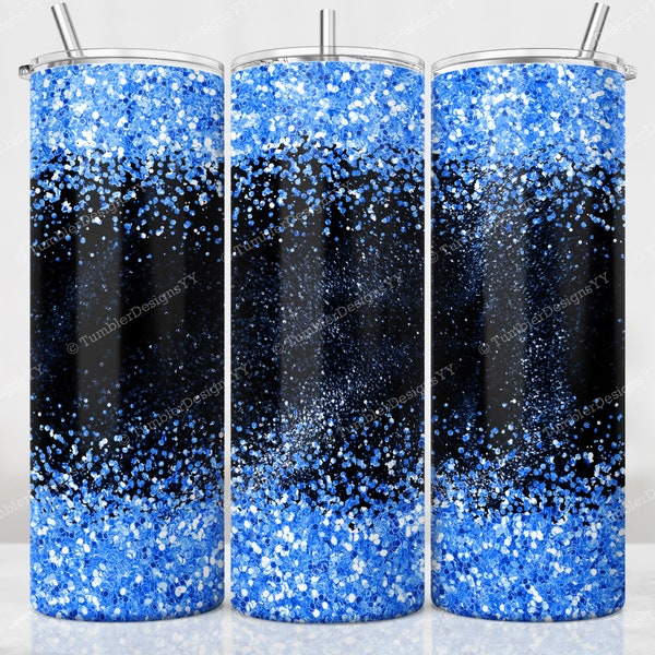 Blue Glitter Tumbler PNG, 20 oz Skinny Tumbler Wrap, Black Blue Glitter Border Tumbler Sublimation Design, Digital Download Sparkle PNG File