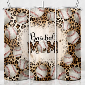 Leopard Baseball Tumbler PNG, Dirty Baseball Sublimation Design, 20 oz Skinny Tumbler Full Wrap, Bleached Baseball Mom PNG, Digital Download
