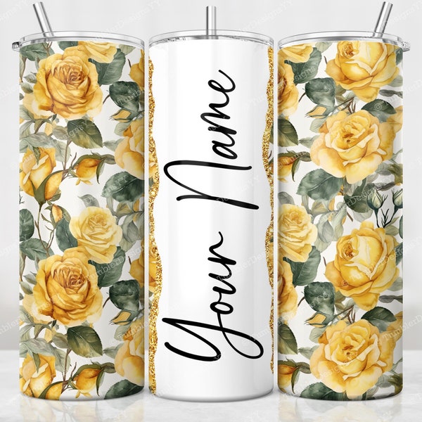 Yellow Roses Tumbler Wrap, Add Your Own Name Tumbler Sublimation Design, 20 oz Skinny Tumbler PNG, Seamless Design, Digital Download