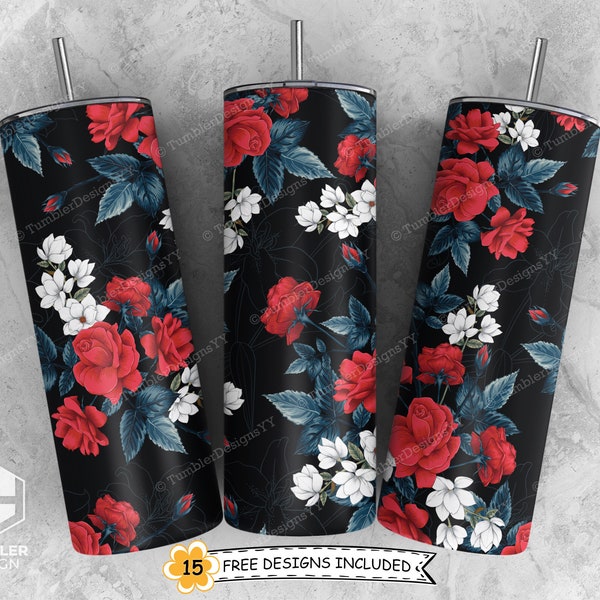 Red Rose Floral Tumbler Wrap, Magnolia Sublimation Design, 20 oz Skinny Tumbler, Red Rose Tumbler PNG, Flower Tumbler, Digital Download