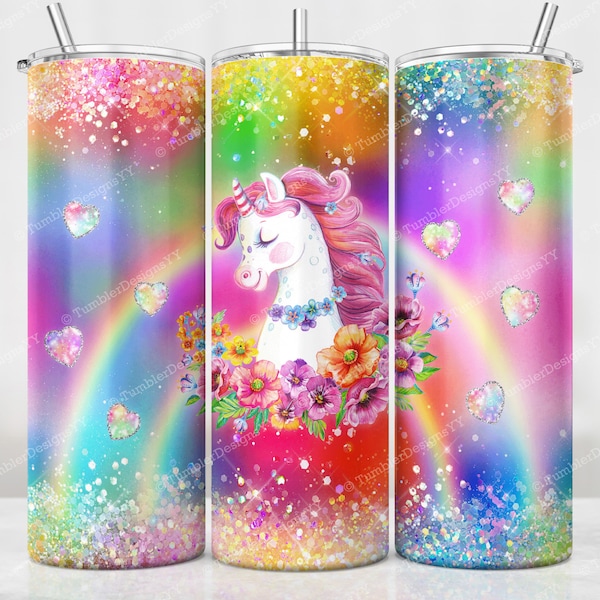 Bright Rainbow Unicorn Tumbler Wrap, Glitter Unicorn Sublimation Design, 20 oz Skinny Tumbler, Rainbow Tumbler PNG, Digital Download