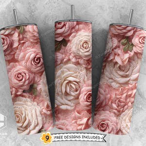 3D Pink Rose Tumbler Sublimation Design, 20 oz Skinny Straight 3D Tumbler Wrap, Floral Tumbler PNG, Instant Digital Download File