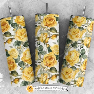 Yellow Roses Tumbler Wrap Sublimation Design, 20 oz Skinny Tumbler PNG, Watercolor Flowers Tumbler Png, Digital Download File